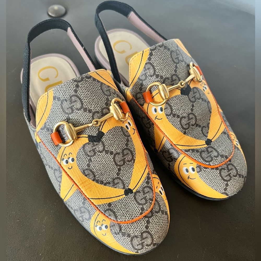 Gucci EU30 Unisex Banana Print Loafers GG Monogram Slingback Princetown Mules